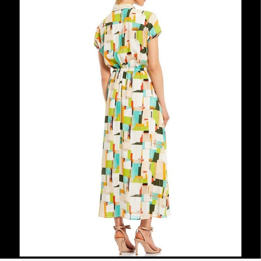 LDT Multi Color Pattern Button Down Tie Waist Dress Size 8 - Picture 2 of 9
